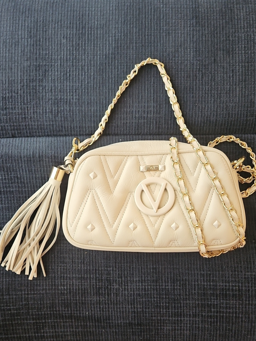 Valentino Cream Quilted Crossbody Bag with Tassel and Gold Chain
